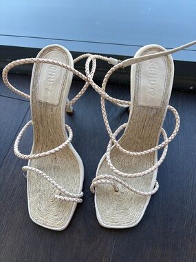 SCHUTZ Beige Braided Strap Heeled Sandals